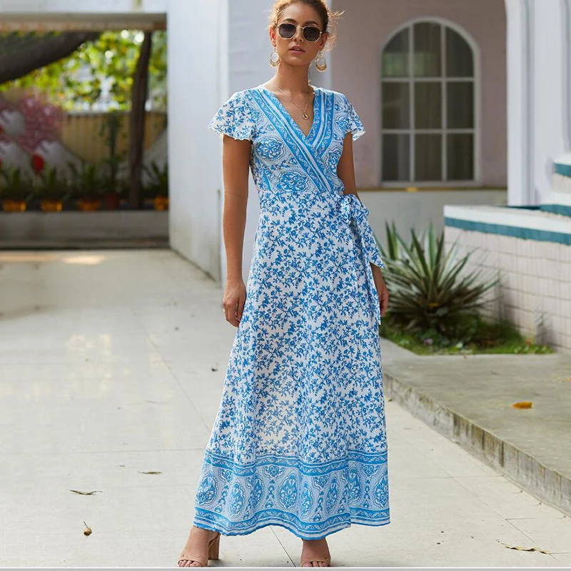 

2023 Summer Chiffon Beach Ladies Long Dress Fashion Sexy V-Neck Lace-up Print Vestidos Casual Elegant Holiday Large Swing Dress