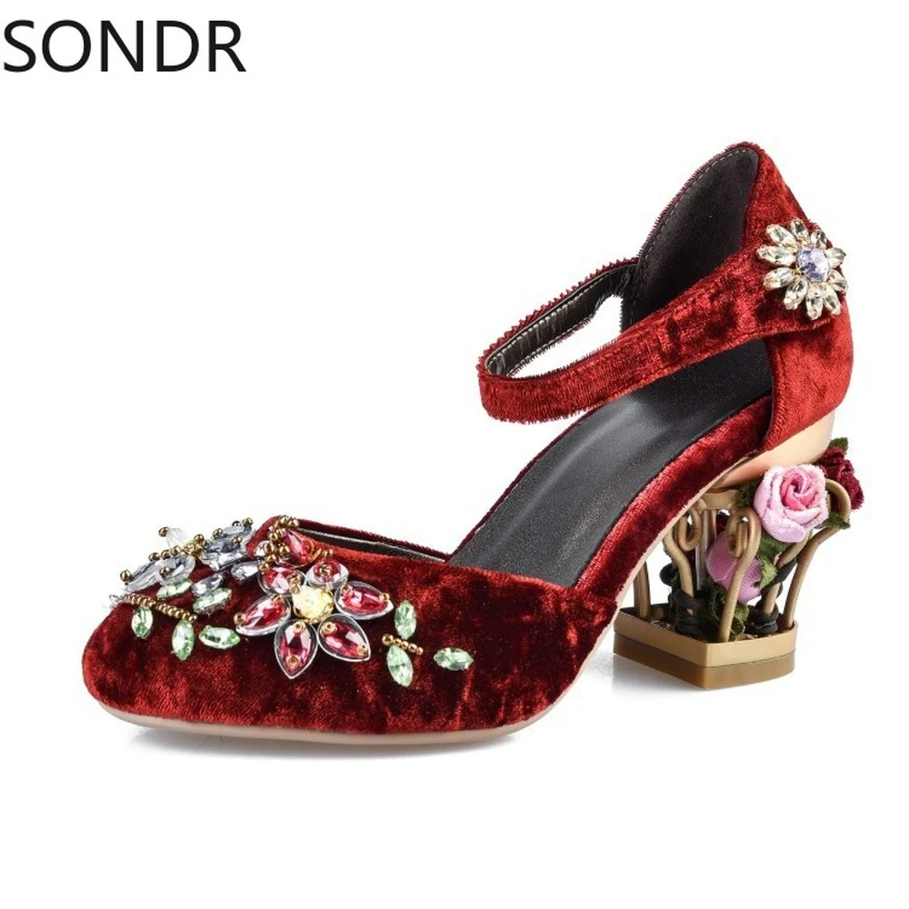 

Womens Real Leather Pointed Toe Flowers Rhinestones Crystal Bird Cage Heel Ankle Buckle Pumps Shoes Plus Size New 2022
