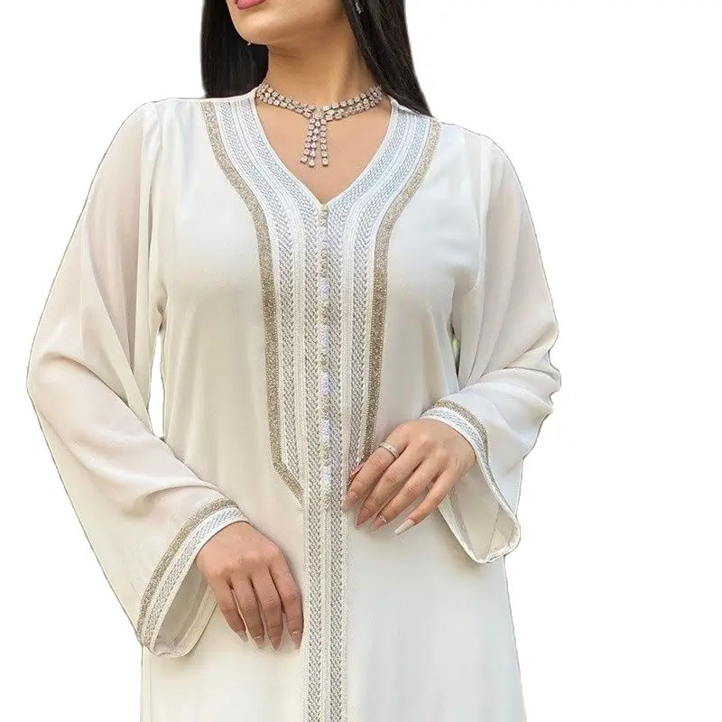 Eid Fashion Nida Muslim Sets Two Pieces Dress  Abaya Jalabiya for Women White Summer V Neck Party Moroccan Kaftan Dubai  Clothes