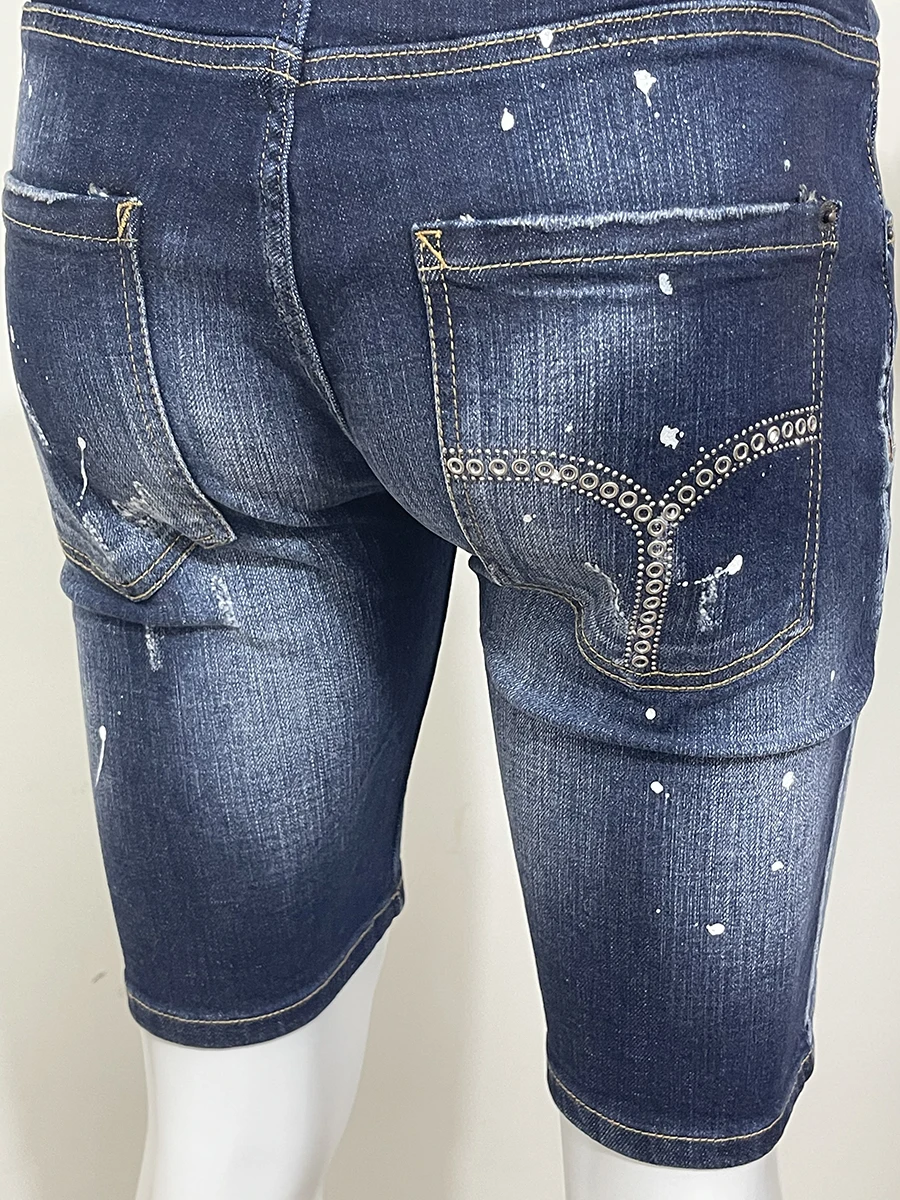 2023SS new summer Jean Shorts Man D 2 Jeans Fashion Deep Blue Hole Patch Tide micro-bounce five points