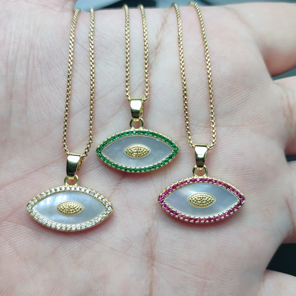 

New Vintage Natural white shell Evil Eye Necklaces For Women Micro inlay Colored zirconium Pendant Party Vacation Jewelry