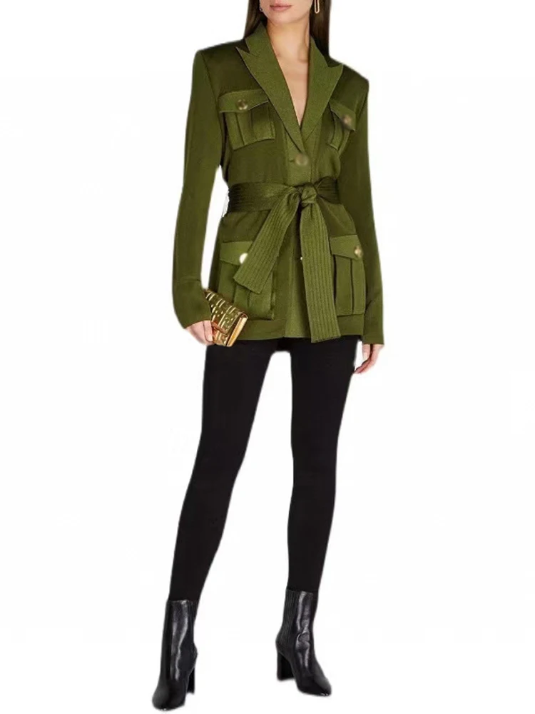 Платье-Блейзер армейского зеленого цвета с поясом и карманами | Женская одежда