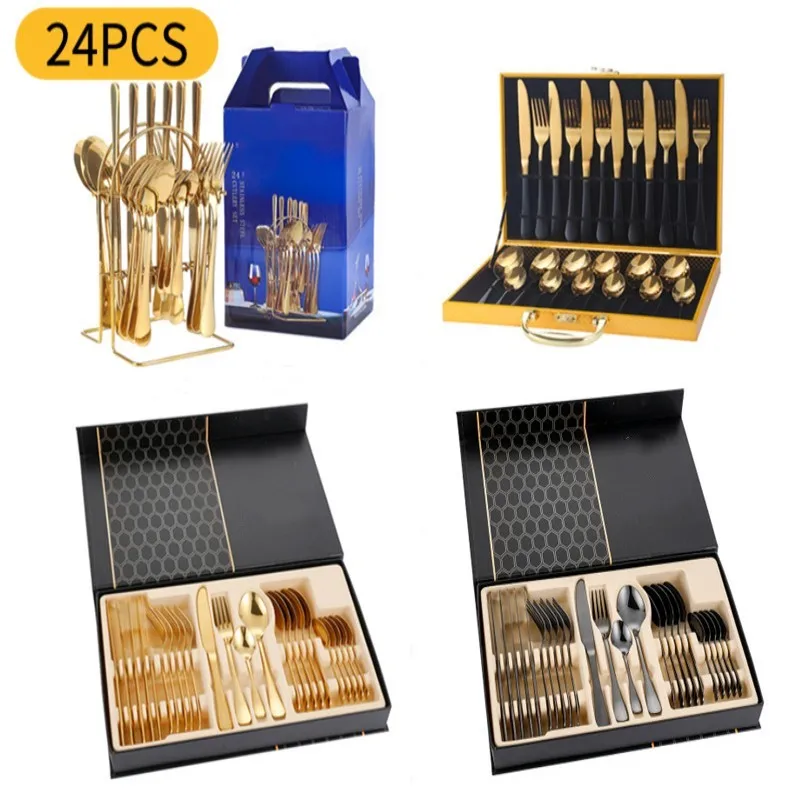 

Best-selling Stainless Steel Tableware 24-piece Set 1010 Four-piece Main Gift Box Western Food Knife and Fork Spoon Set Home