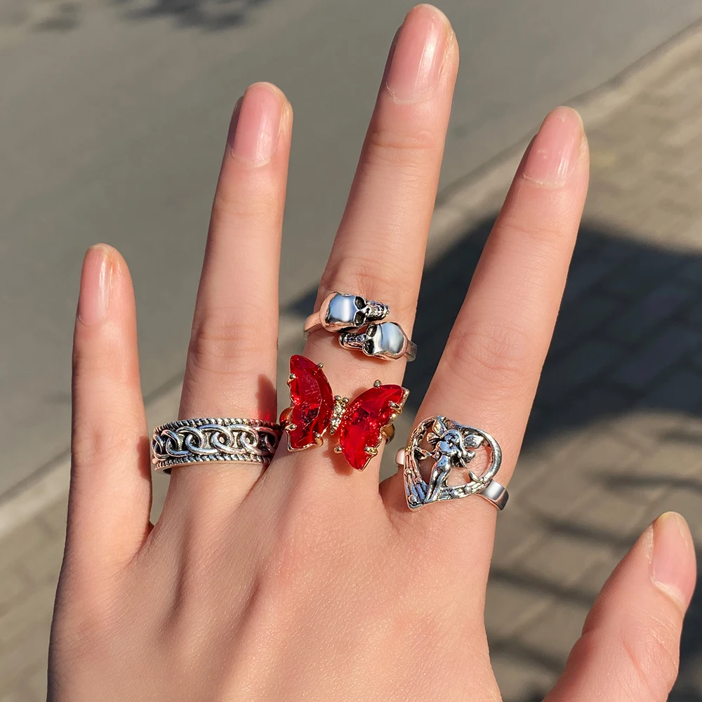 

Vintage Colorful Butterfly Skull Stone Ring Set for Women Girl Gift Opal Crystal Stone Silver Ring Set Boho Jewelry