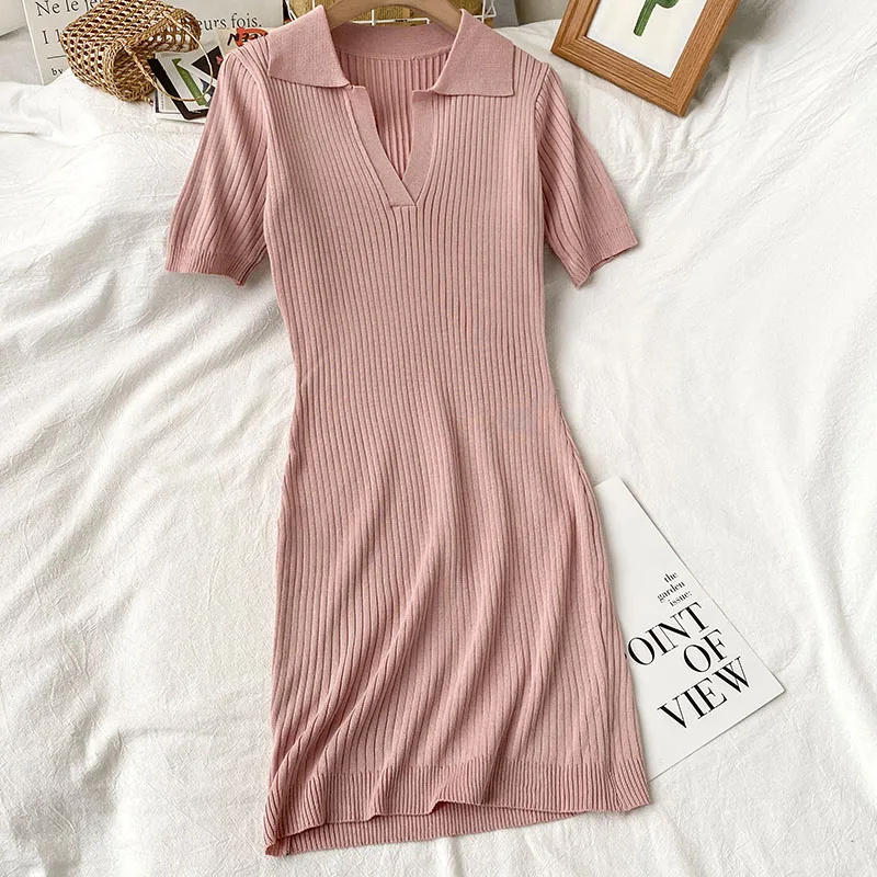 

2021 Short Sleeve Turndown-Neck Sexy Bodycon Solid Knitting Dress Summer Sexy Women Streetwear Party Casual Club Slim Mini Dress