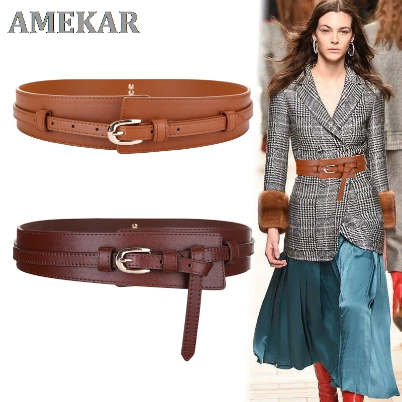 

Широкий пояс из натуральной кожи для женщин, модный пояс из коровьей кожи, украшенный узлом, игольчатая Пряжка для пояса, аксессуары для пал...