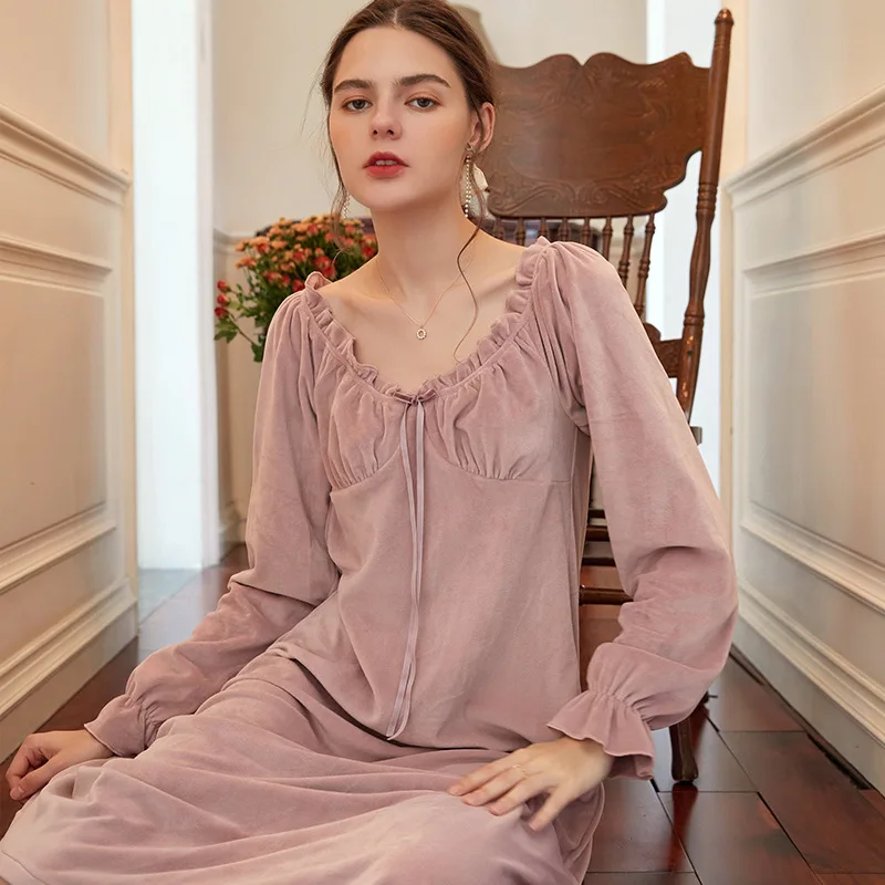 2022 Winter Nightgown Women Elegant Sleepwear V Neck Keep Warm Nightie Dress Nightwear Sexy Lace Dresses Dressing Gown