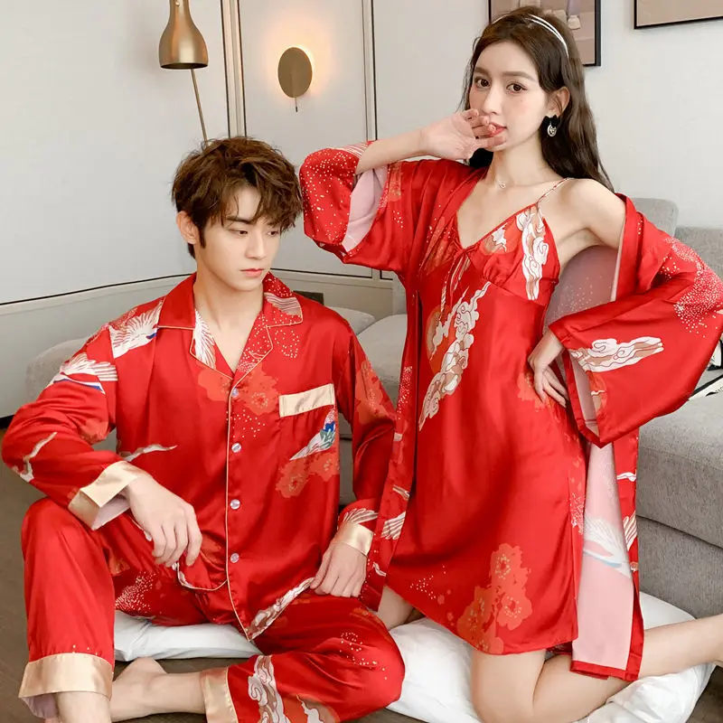 

1 Couples' ice silk pajamas Spring and autumn women's suspenders nightgown sexy bathrobe men's silk home clothes nightgown suit
