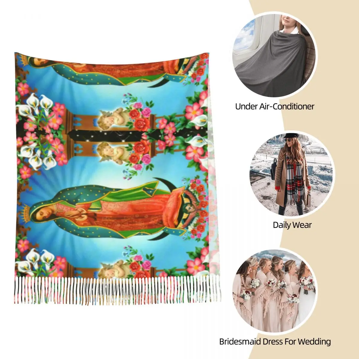 Женский теплый зимний шарф Дева Мария длинные шарфы с кисточками для вечернего