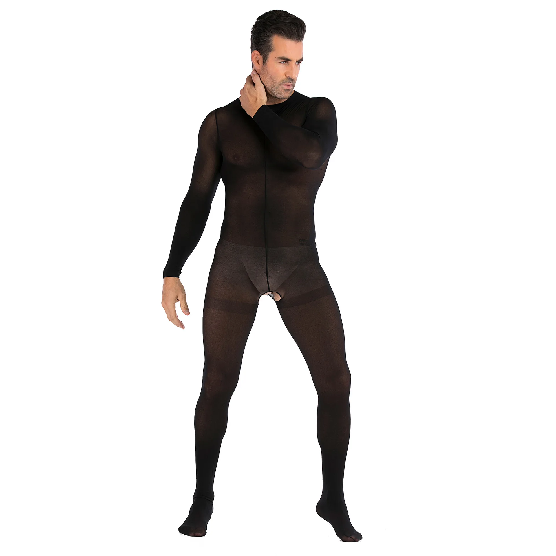 Men's One-piece Stockings Long Sleeve Club Open File Sexy Pajamas JJ Set Of Sex Perspective Suit Mesh Hollow