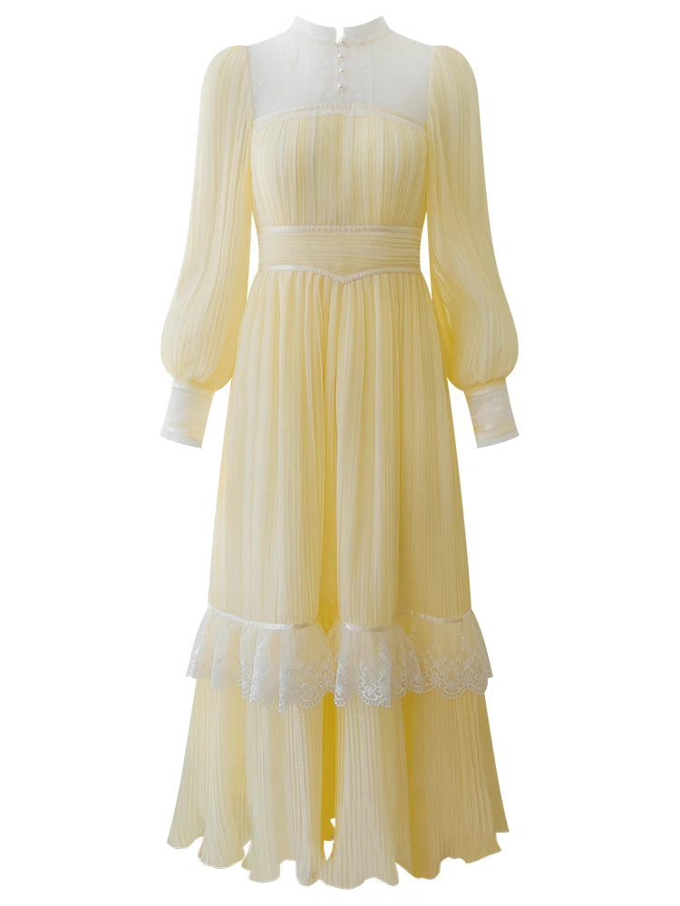 YIGELILA Fashion Women Yellow Long Dress Elegant Stand Neck Lace Patchwork Dress Empire Slim A-line Dress Ankle-length 67686