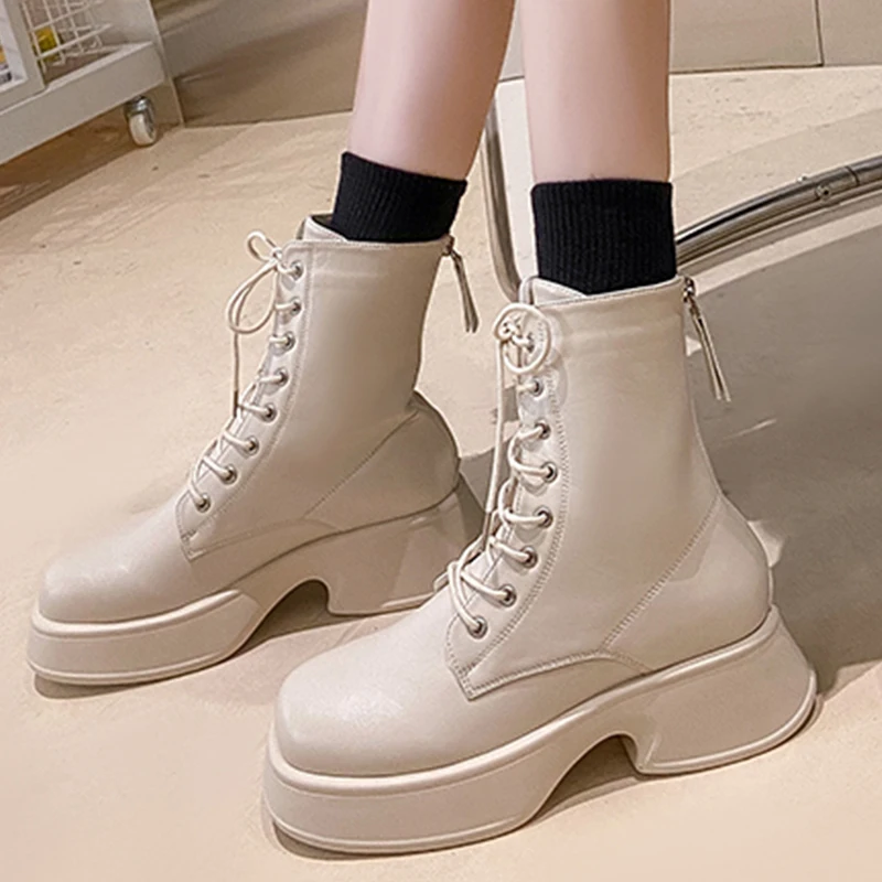 

Женские ботильоны с перекрестной шнуровкой, Модные осенние полусапожки в западном стиле с круглым носком и резиновой подошвой, 2022