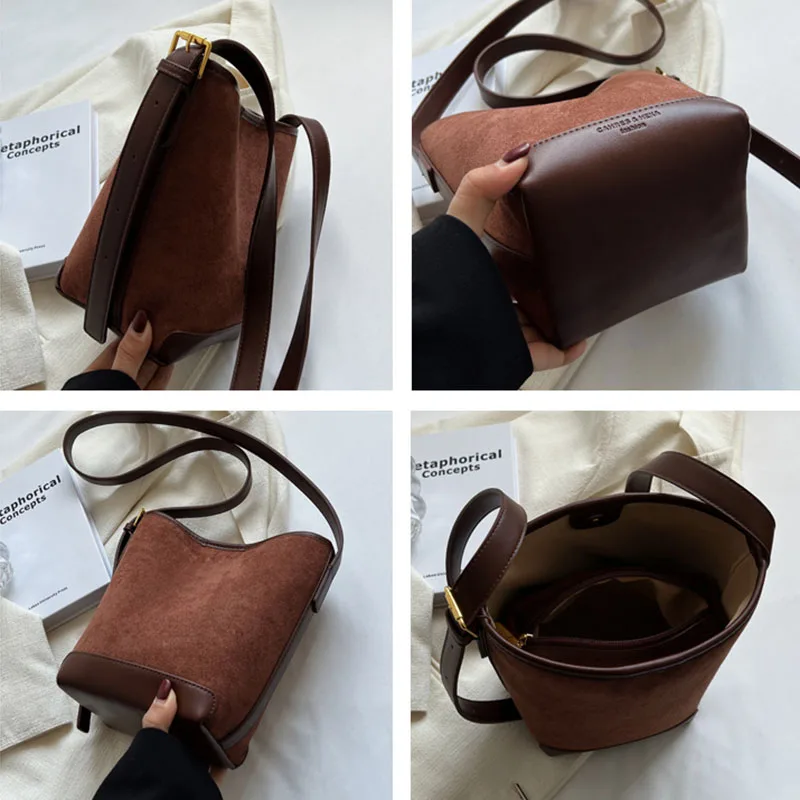 Retro Frosted Leather Commuting Bucket Crossbody Bags for Women Fashion Buns Mother Bag Multi-function Shopping Shoulder Storage