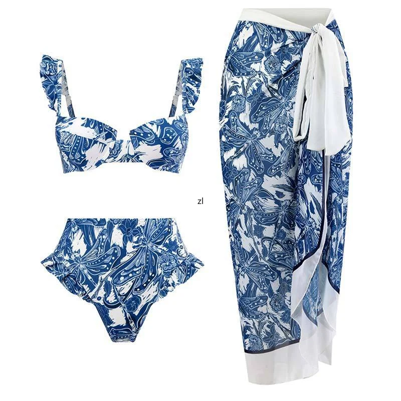 2023 Bikinis Chic Print Bathing Suit Fashion Lace Up High Waist Swimsuit Women Beachwear Split-joint Swimwear Backless Surf Wear