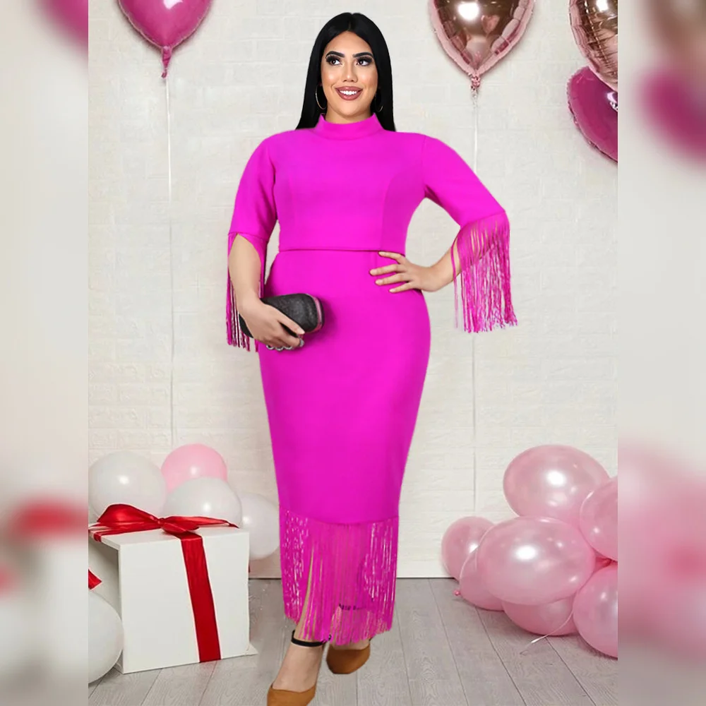 

Plus Size Dresses 4XL Women Clothing 2022 Round Neck Fringe Sleeve Slim Fit Solid Color Dress Fashion Casual Party Elegant Dress