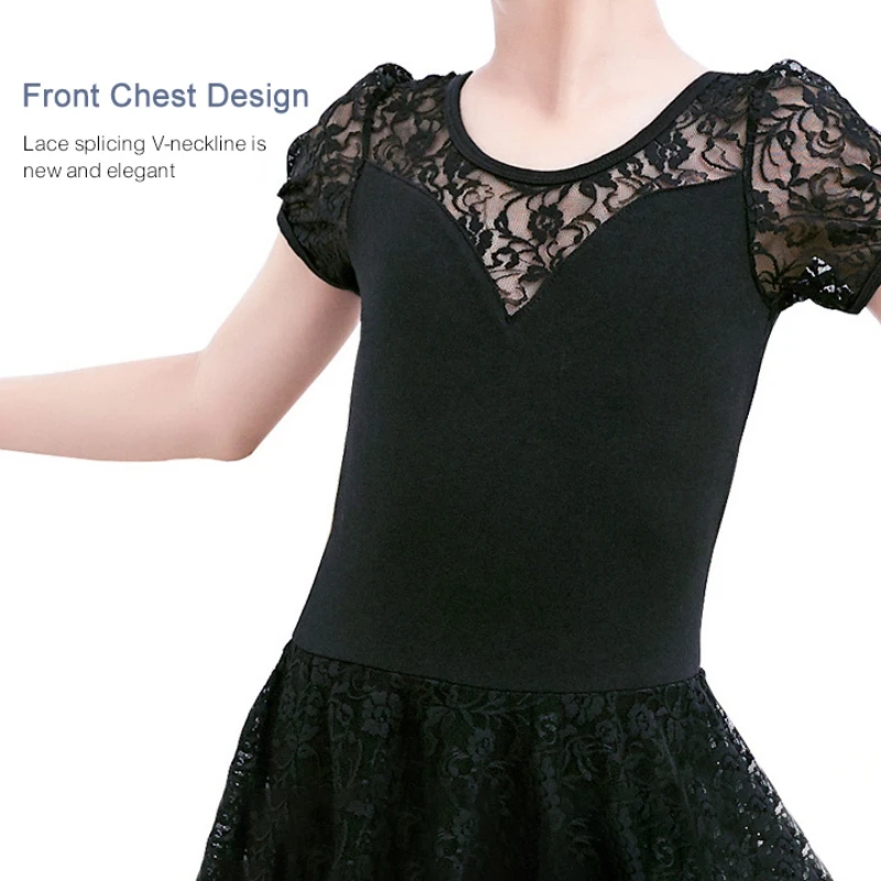 New Girls Ballet Skirts Dress Gymnastic Leotards Lace Skirted Leotards Puffed Sleeve Kids Toddler Gymnastic For Dancing Skirt