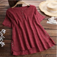 summer short sleeve shirt for women 2022 irregular hem large size cotton and linen plaid womens tops and blouses