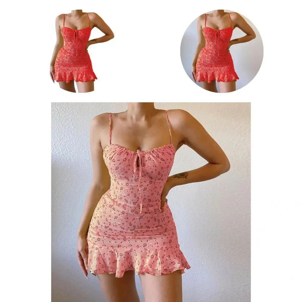 

Lace-up Premium Flower Print Women Dress Summer Mini Dress Lightweight for Dating