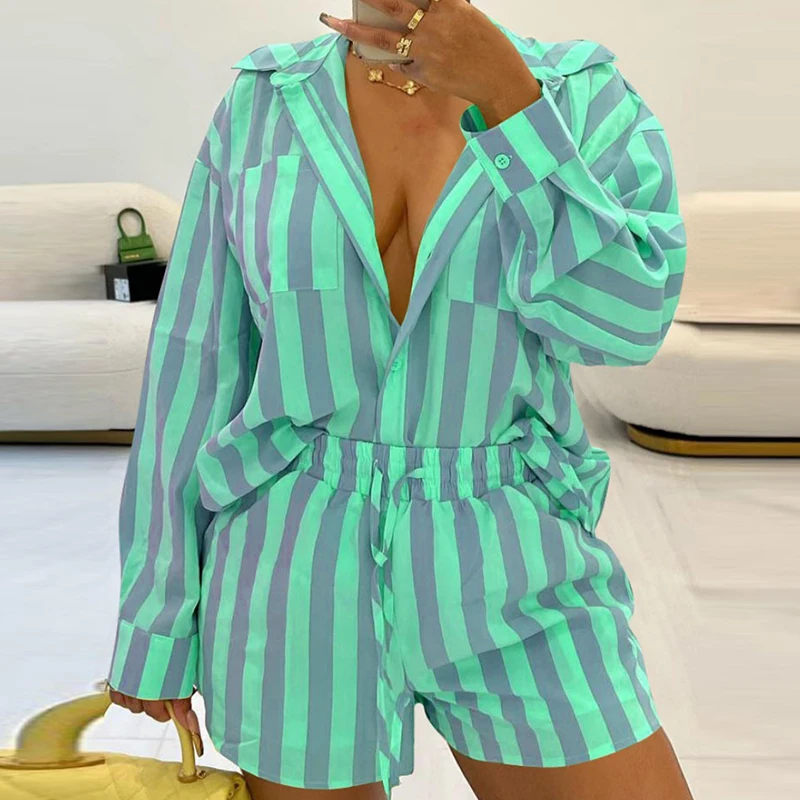 

Elegant Striped Print High Street 2pcs Fashion Lapel Long Sleeve Tops+Pockets Drawstring Shorts Outfits Women Casual Loose Suit