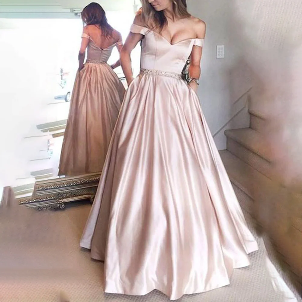 

Satin Evening Dresses for wedding off shoulder beading Long Formal prom Dresses elegant A-Line plus size wedding party dress