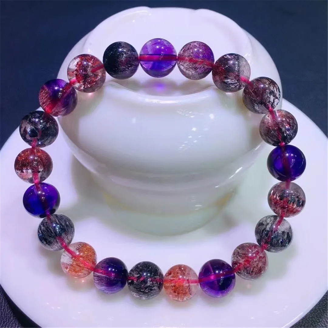 

Натуральный фиолетовый рутилированный кварцевый браслет Super Seven Melody 9 мм для женщин и мужчин, богатство, хрустальные бусины, ювелирные издел...