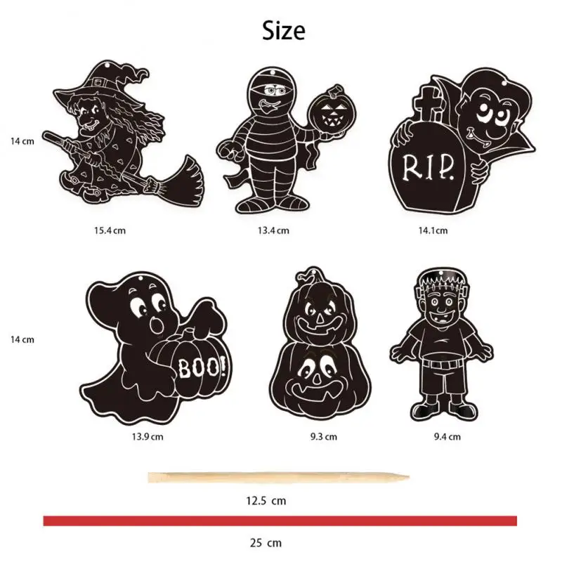 

Painting Paper Skeleton 6 Bamboo Pens Scratch Art Paper 6 Mixed Color Ribbons Drawing Toys Halloween Scratch Paper Pumpkin