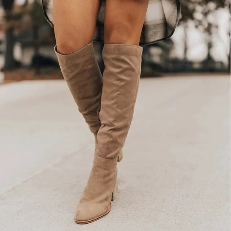 Women's Boots 2022 Autumn and Winter New Pointed Toe Suede Ladies Knee High Boots Thick Heel Thick Sole High Heels Casual Shoes