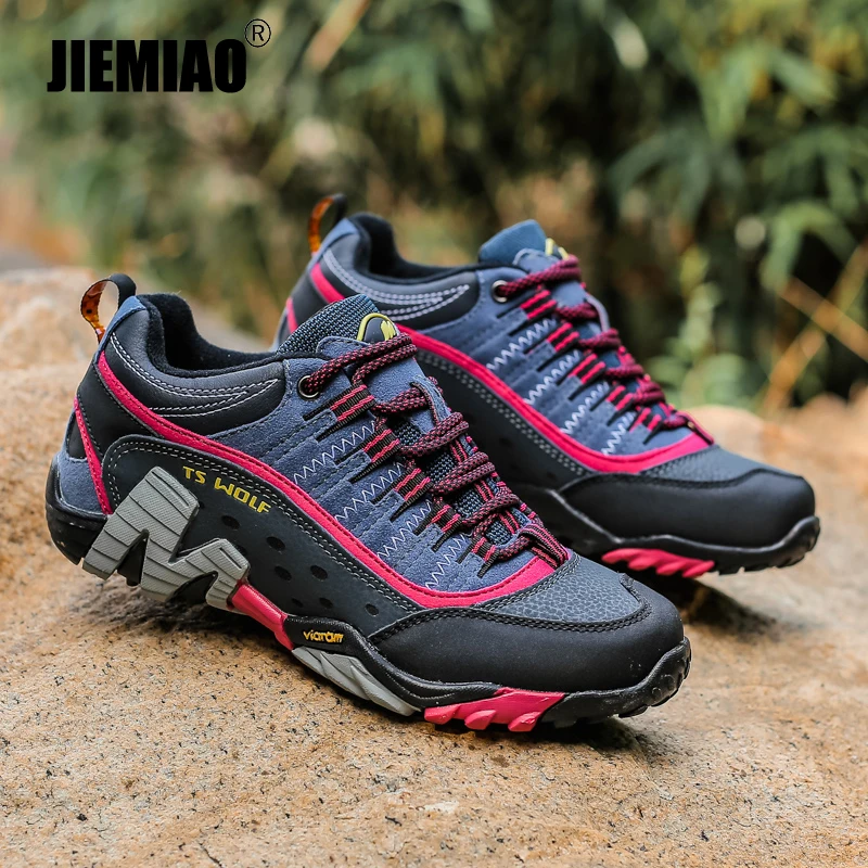 JIEMIAO High Quality Couple Hiking Shoes Outdoor Genuine Leather Trekking Shoes Waterproof Non-Slip Climbing Travel Men Sneakers