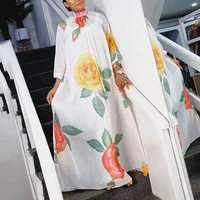 african ladies fashion chiffon dress white floral printed full sleeve loose floor length elegant evening party dinner vestidos