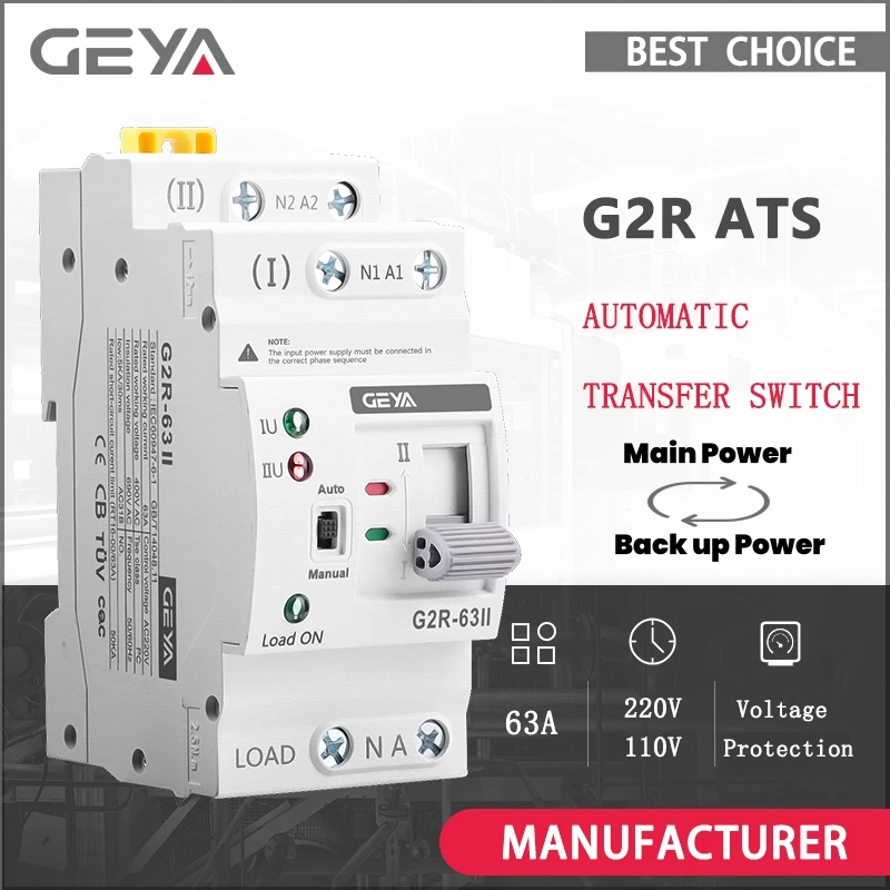 GEYA G2R ATS Mini Automatic Transfer Switch 220V 230V Dual Power Electrical Selector Switches Uninterrupted Power 63A 110V