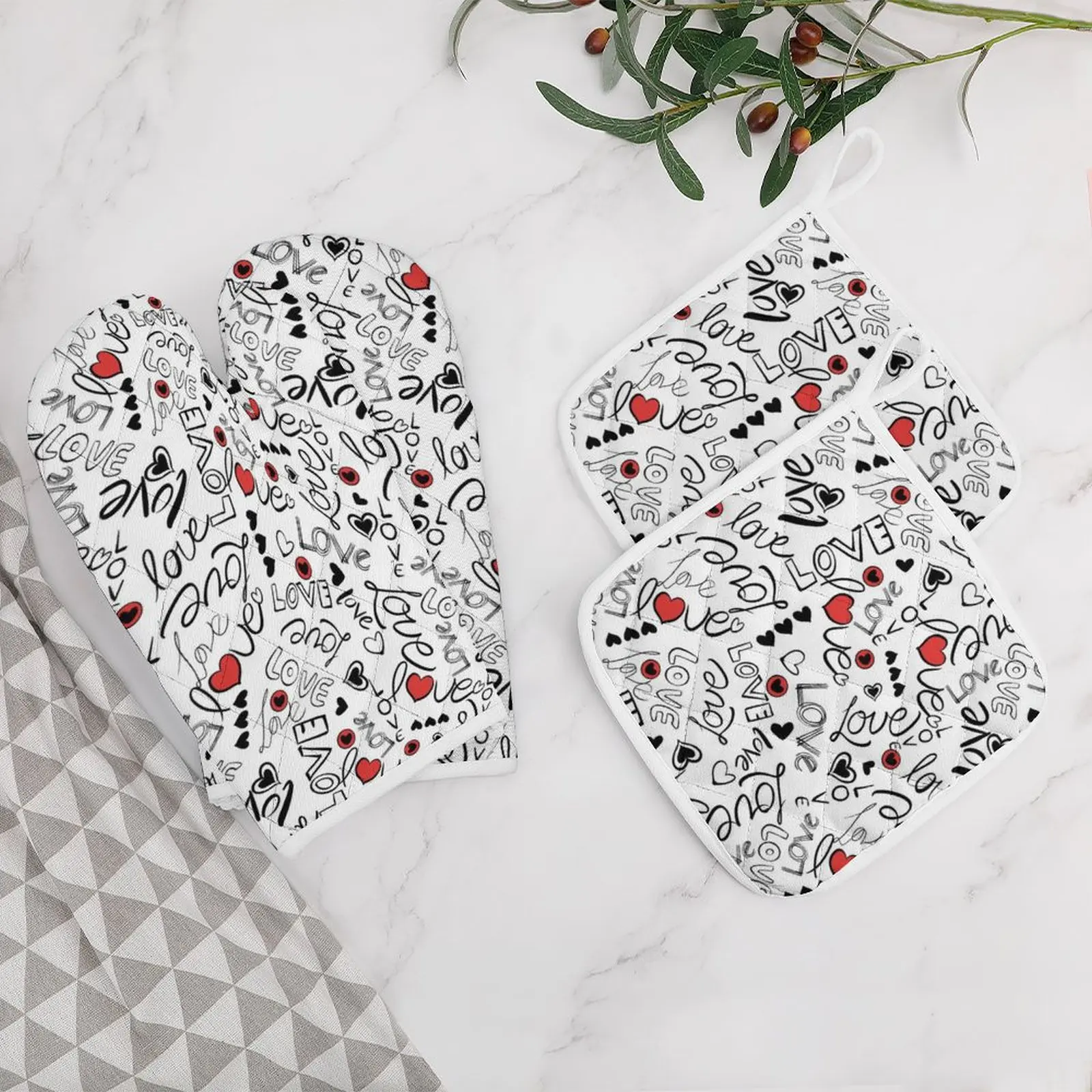 

Oven Mitts and Pot Holders Set 4PC Thicken Heat-Resistant Gloves and Pot Holders for Baking Cooking Love