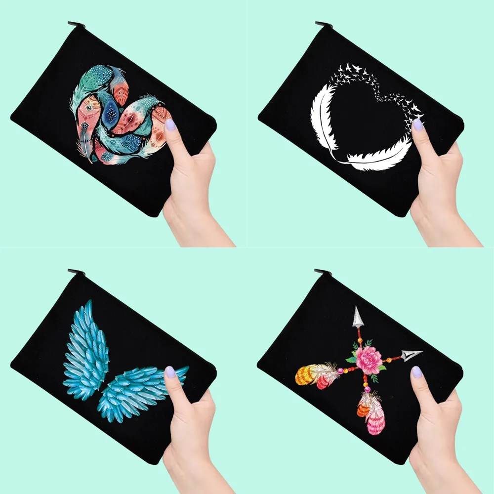 

Ladies Cosmetic Bag Simple Feather Print Black Fashion Portable Cosmetic Handbag Mobile Phone Cash Sundries Dustproof Wallet