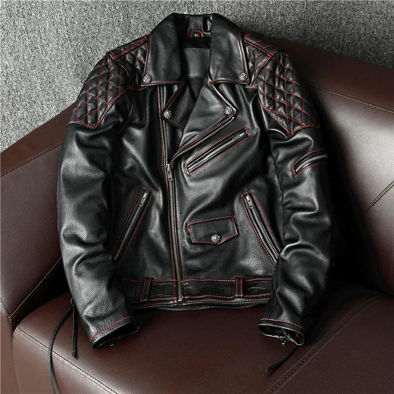 

Sheep Skin Genuine luxury brand real Brand new cool motor biker jacket.rider slim natural cowhide coat.fashion rivet leather clo