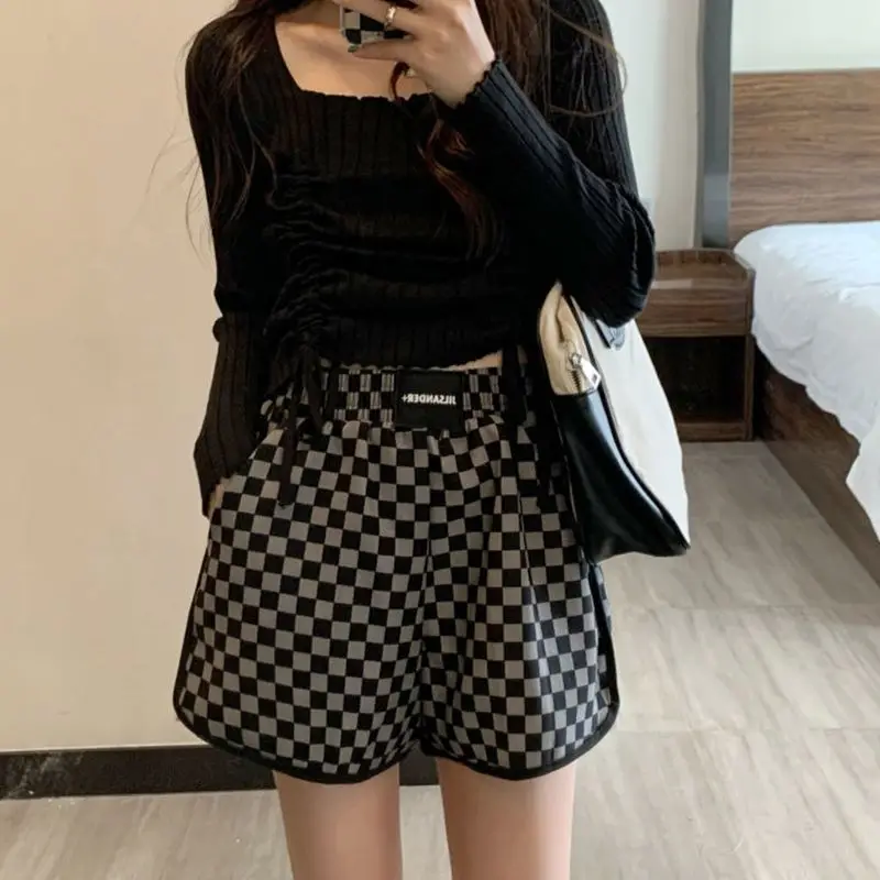 Summer New Plaid Sports Pants Ladies Elastic Waist Loose Versatile Wide Leg Shorts Casual Fashion Women Clothing