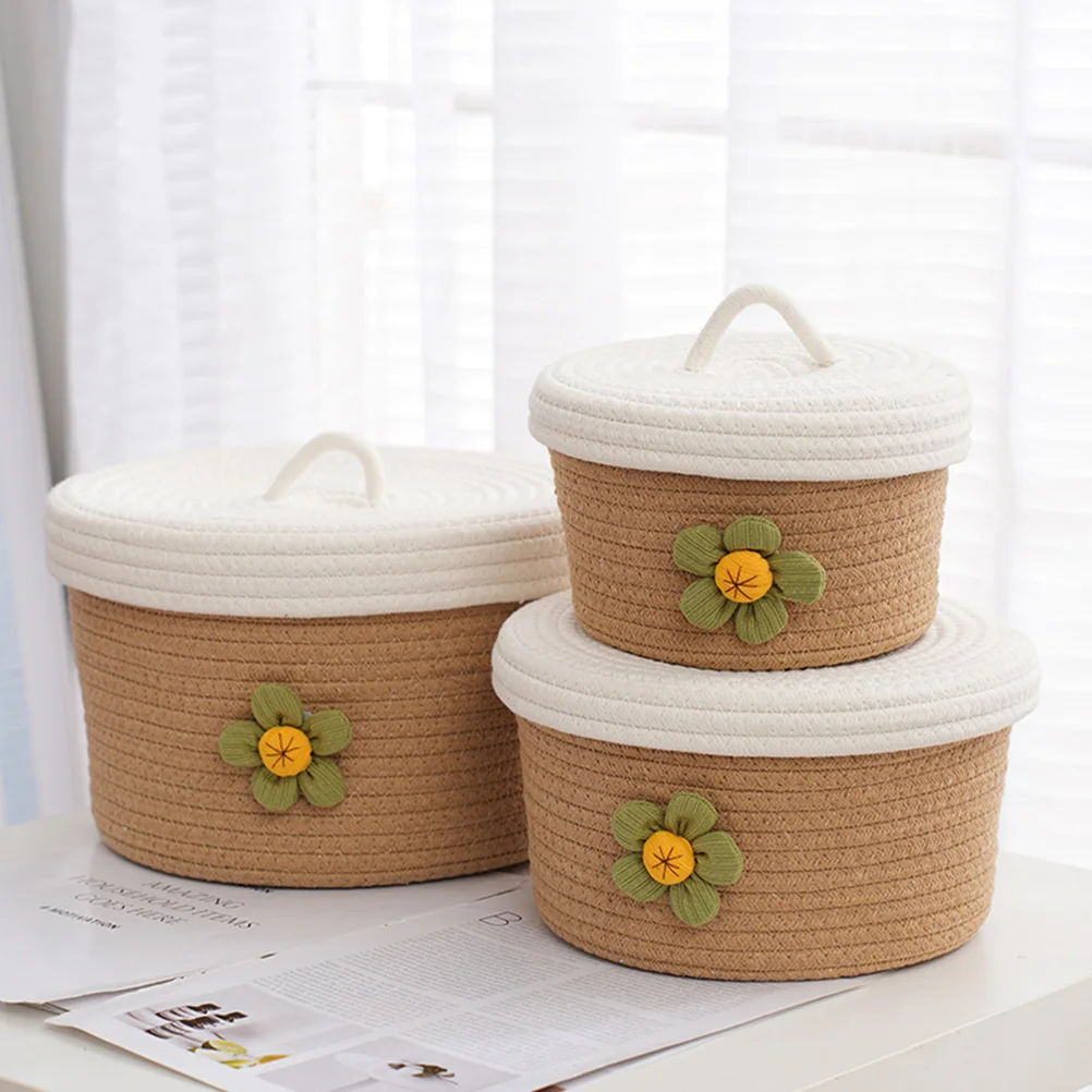 

3pcs Lidded Baskets Organizers Cotton Woven Storage Basket Sundries Containers