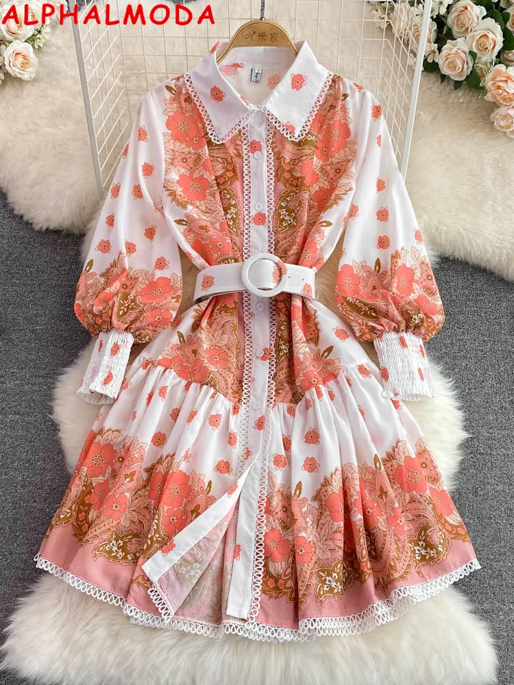 

ALPHALMODA 2022 Autumn New Printed Long-sleeved Dress Belted Turn-down Collar Lace Trim Elegant Women Vintage Dress