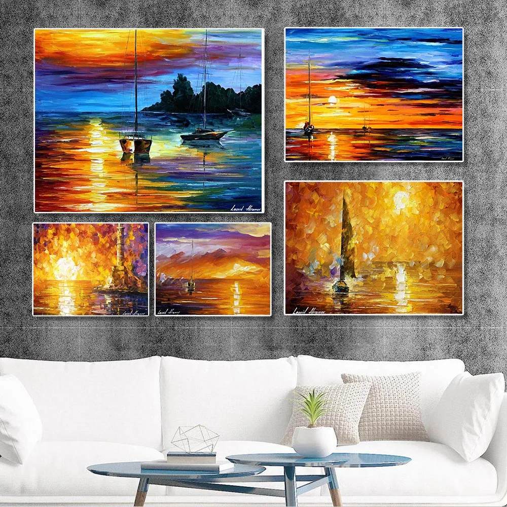 

Abstract art sea sunset landscape canvas painting office wall art port sailboat poster living room home decoration mural