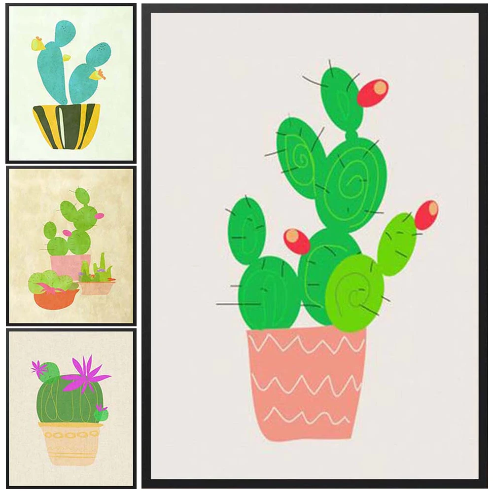 Мультяшный кактус Волшебные кактусы в скандинавском стиле искусство стен холст
