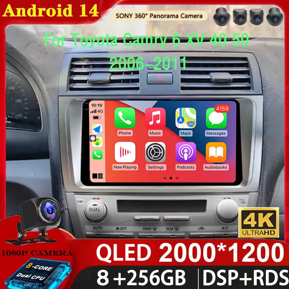 Android 14 для Toyota Camry 6 XV 40 50 2006-2011 2K QLED Автомобильный радиоприемник Мультимедийный