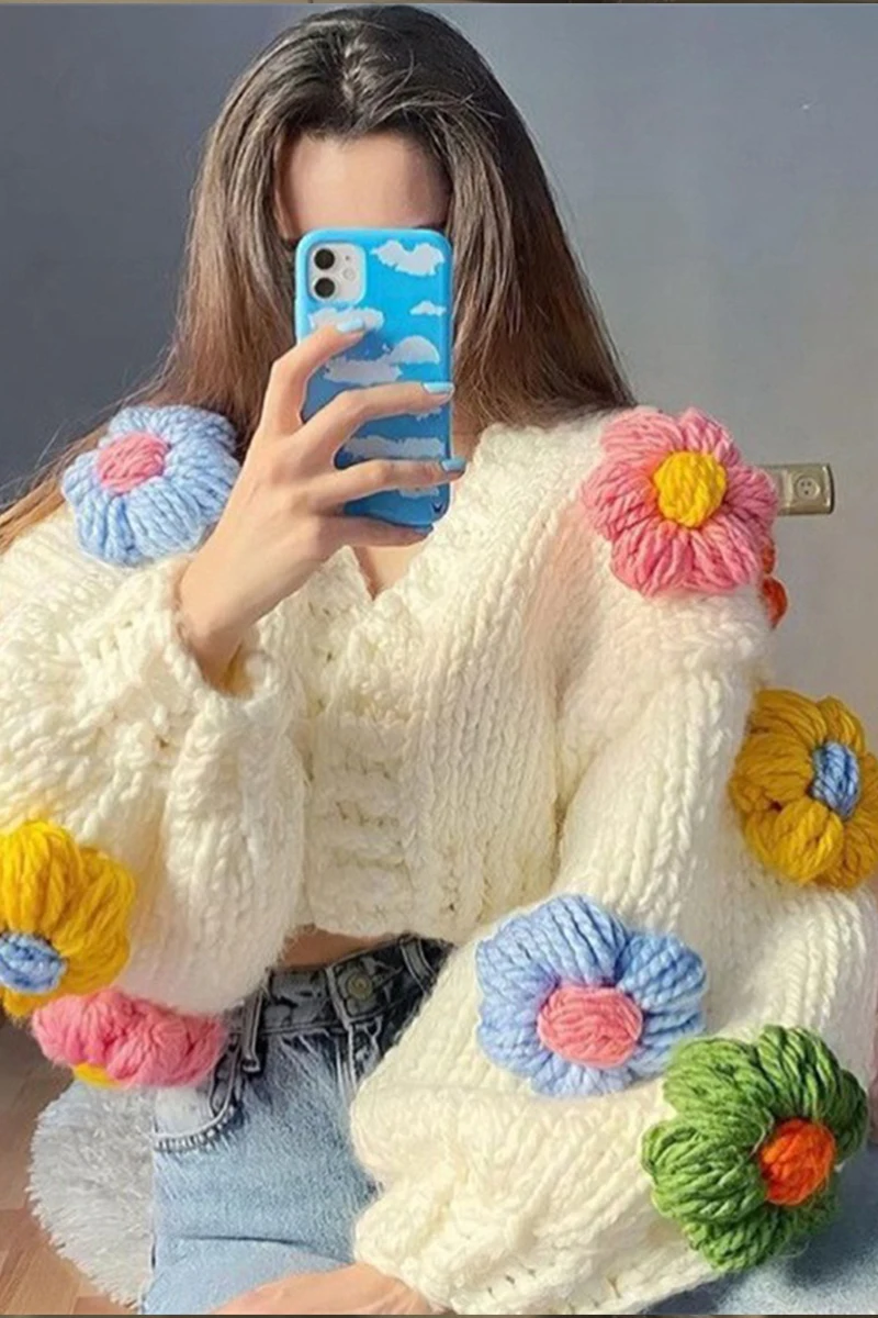 Women's Cardigan Sweater 2022 New Fashion Handmade Three-dimensional Hook Flower Lantern Sleeve Warm Sweater Free Shipping
