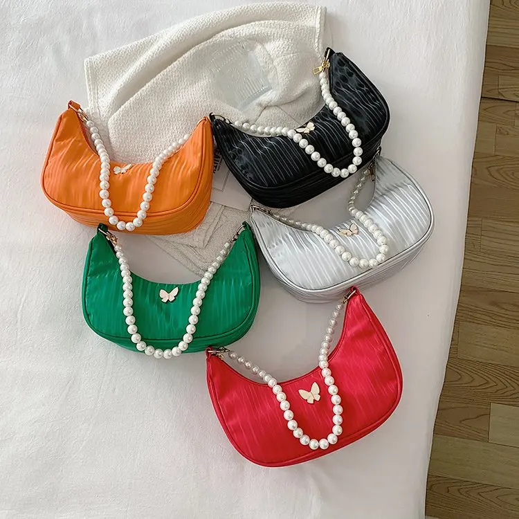 

Женская классическая сумка на плечо, легкая сумочка с застежкой-молнией и жемчужными нитями, однотонный плиссированный багет