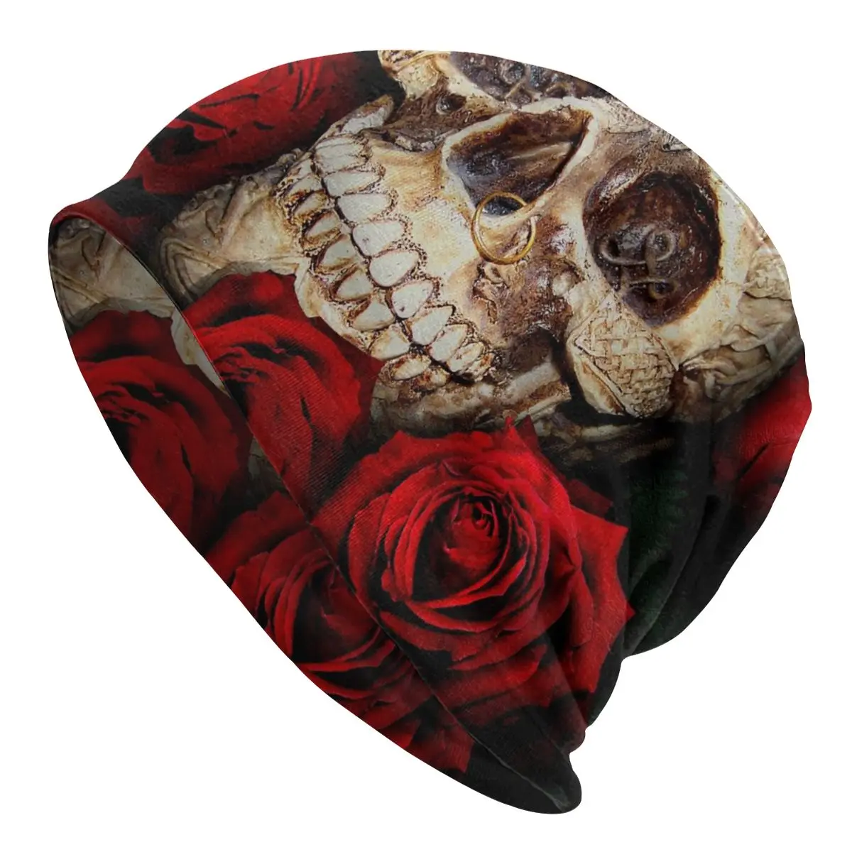 

Skulls And Rose Bonnet Hats Knitted Hat Autumn Winter Outdoor Skeleton Skullies Beanies Hats Unisex Warm Dual-use Cap