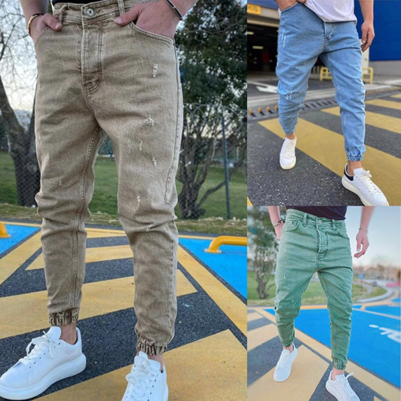 US Streetwear Khaki Ripped Jeans Men Skinny Slim Fit Elasticity Hip Hop Denim Trousers New Casual Jeans Mens Jogging Pants homme