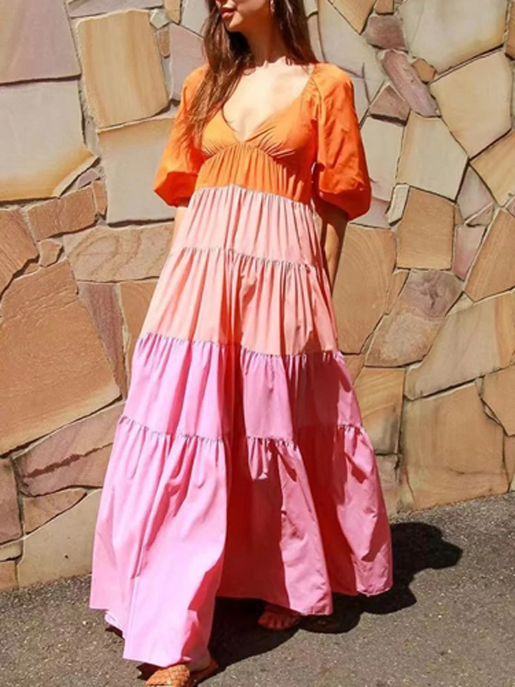 

Женское пляжное платье в стиле пэчворк, разноцветное свободное Повседневное платье с рукавами-фонариками, глубоким V-образным вырезом и шир...