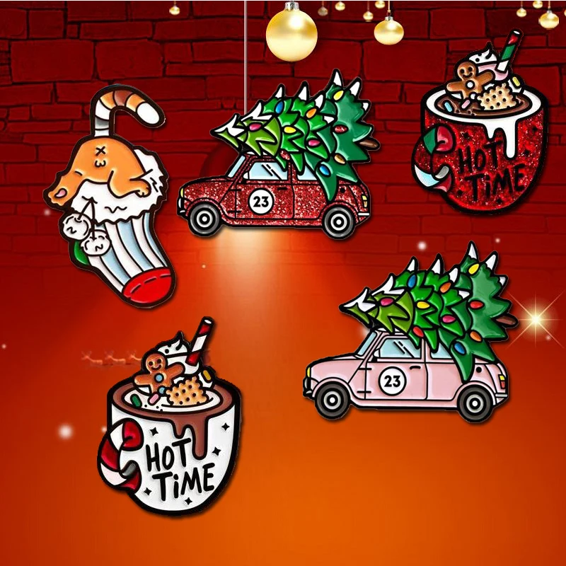 

Christmas Tree Tea Cup Enamel Pin Festival Car Ice Cream Brooches Shirt Lapel Bag Badge Cartoon Jewelry Gift for Friends Kids