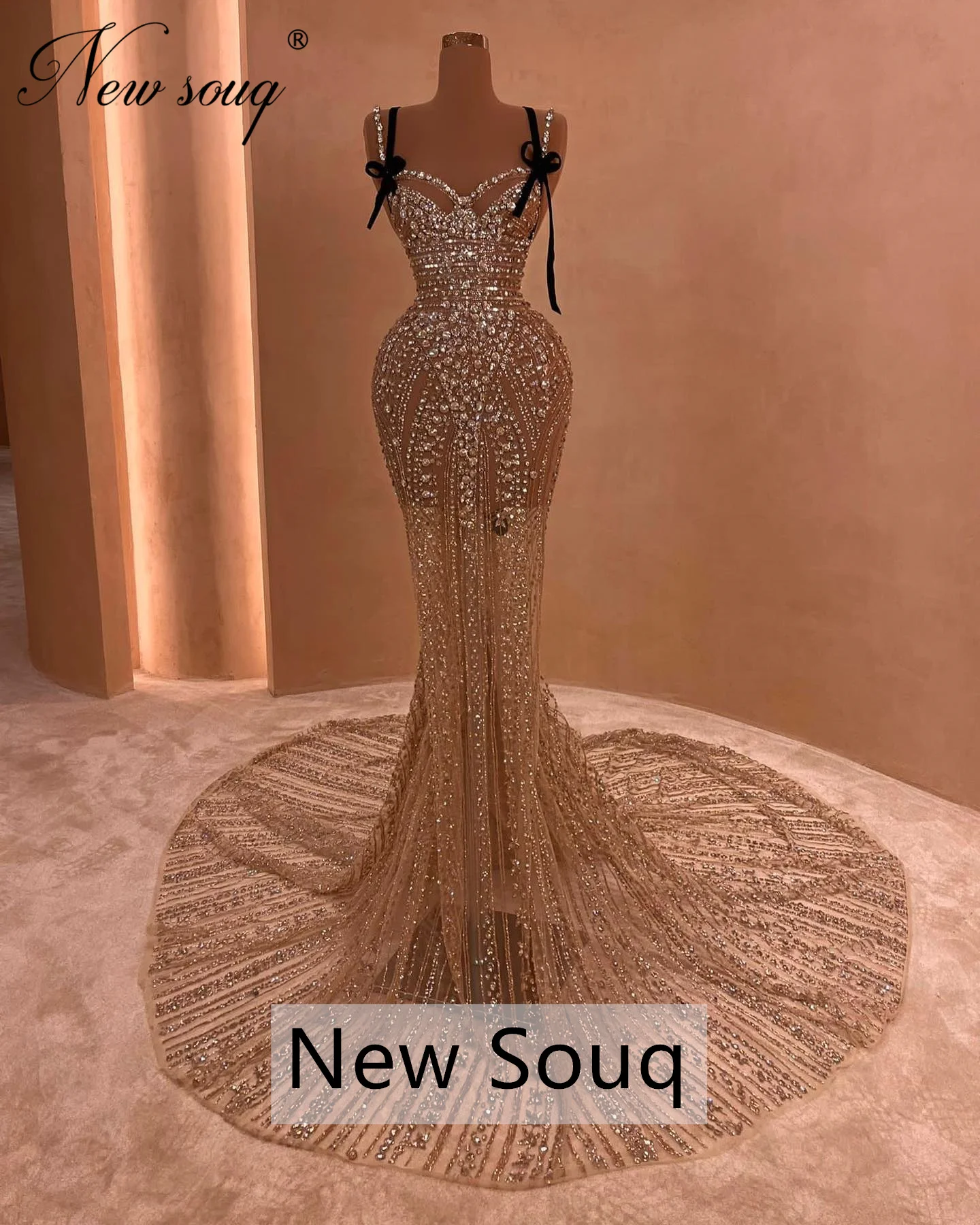 

Sparkly Beading Mermaid Evening Dresses Spaghetti Straps Long Crystal Party Dress For Wedding Women Dubai Photography Prom Dress
