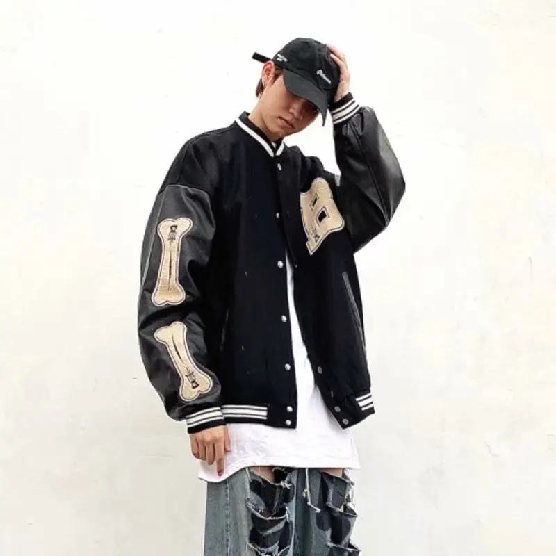 

Varsity Baseball Bomber Jacket Women Hip Hop Harajuku Bone Letter Patchwork Leather Jackets Streetwear Men Unisex College Coats