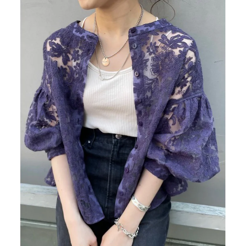

Small Embroidered Flowers Lace Shirt, Japanese and South Korean, Small Shirt, New, Summer, 2023