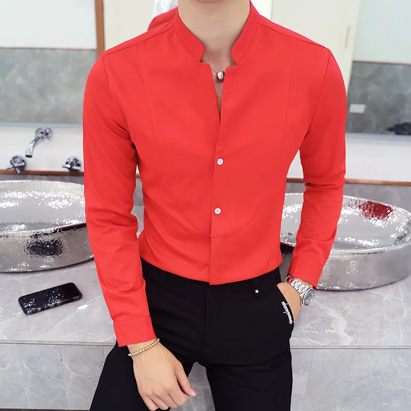 New Men's Spring/Autumn Long Sleeve Slim Shirt/Men's High Quality Standing Collar Cotton Business Leisure Shirt/S-5XL Plus Size