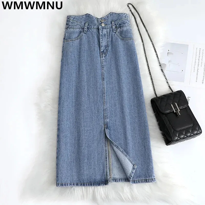 

Straight Split Women Mid-Length Denim Skirt Summer Causal Elegant A-Line Jean Skirts Korean Fashion Streetwear Slim Wrap Faldas